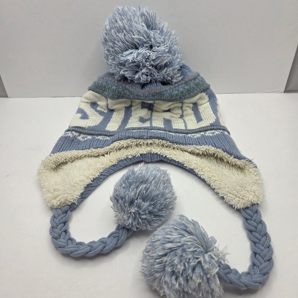 Robin Ruth Amsterdam Beanie Hat Trapper Ear Flap Blue OSFM Knit Pom Pom Fleece